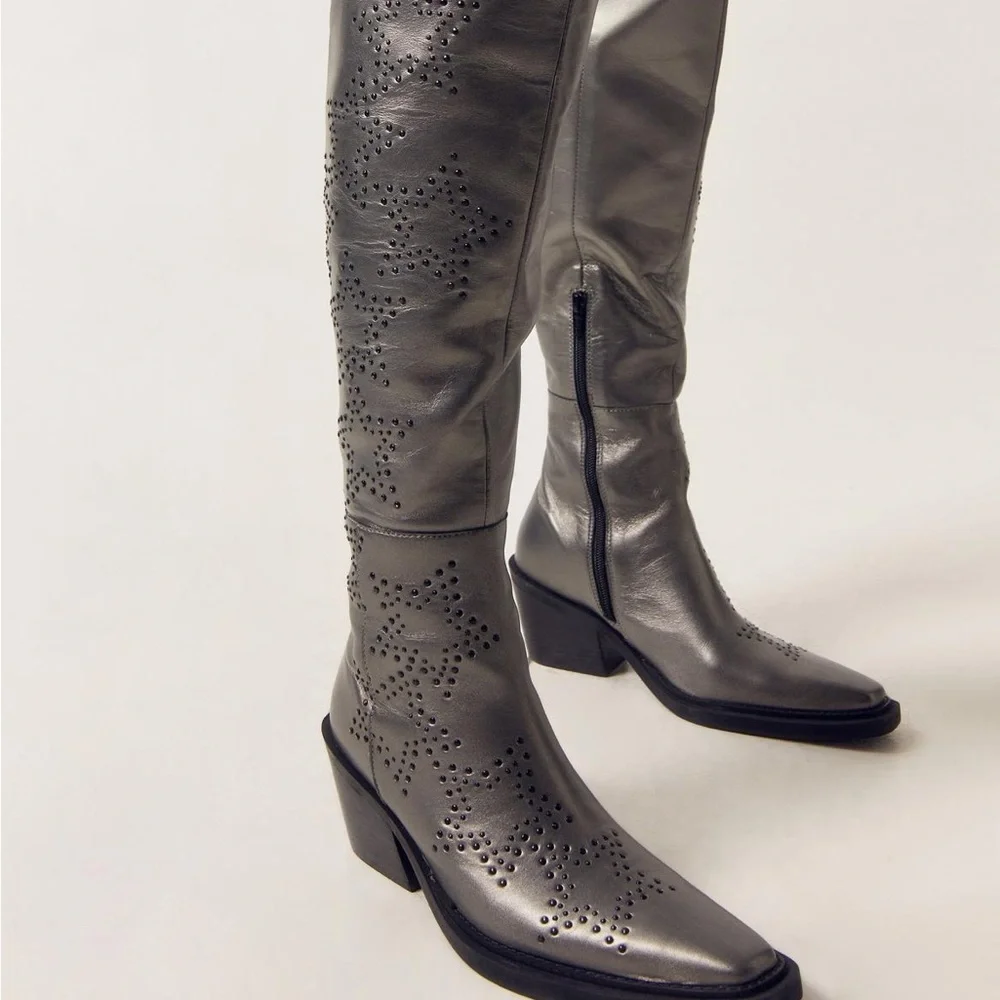 NASTY GAL, Genuine Leather, Gun Metal, Star studded Over the knee high Boots - Picture 1 of 14